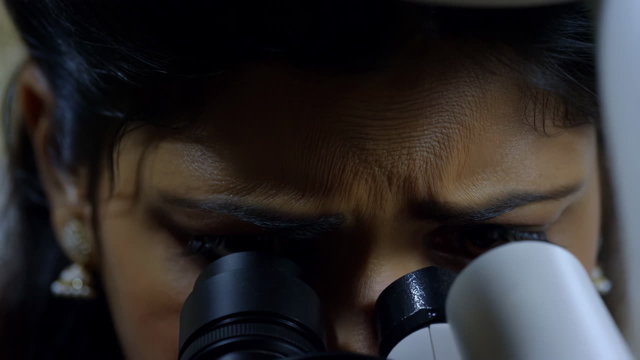 A person intently looking into a microscope in a laboratory setting