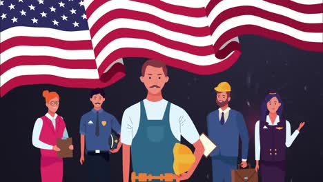 feliz celebración del día del trabajo con los trabajadores en la bandera de estados unidos
