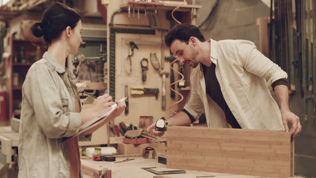 dos jóvenes carpinteros trabajando juntos dentro