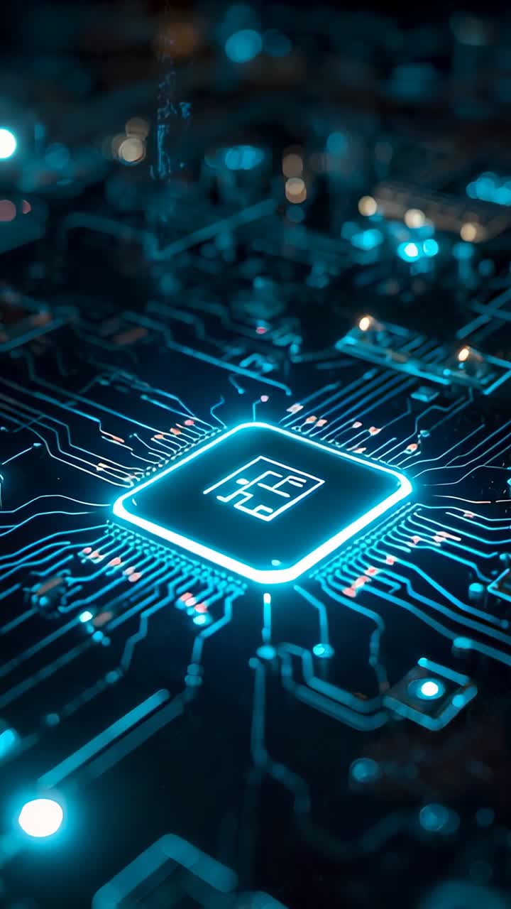 Vertical video: Pulsing chip lighting PCB traces while power flowing, camera tilting up, power-up