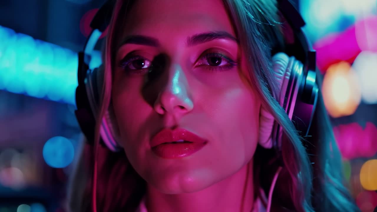 Donna con cuffie tra le luci al neon della città