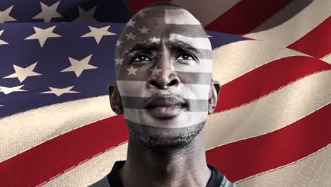 animation of mixed race man over american flag