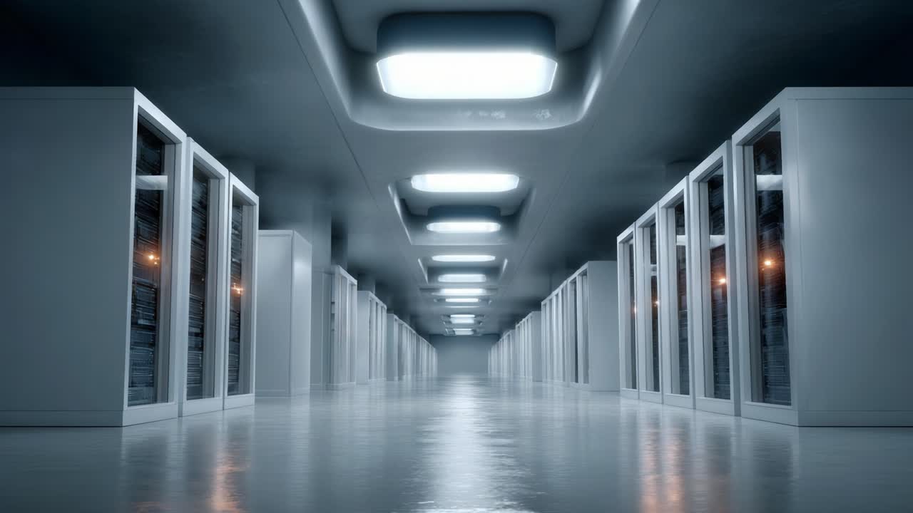 A Stunning View of a Modern Data Center with Glowing Lights and Organized Server Racks, Showcasing the Future of Technology and Data Management in a Sleek Environment