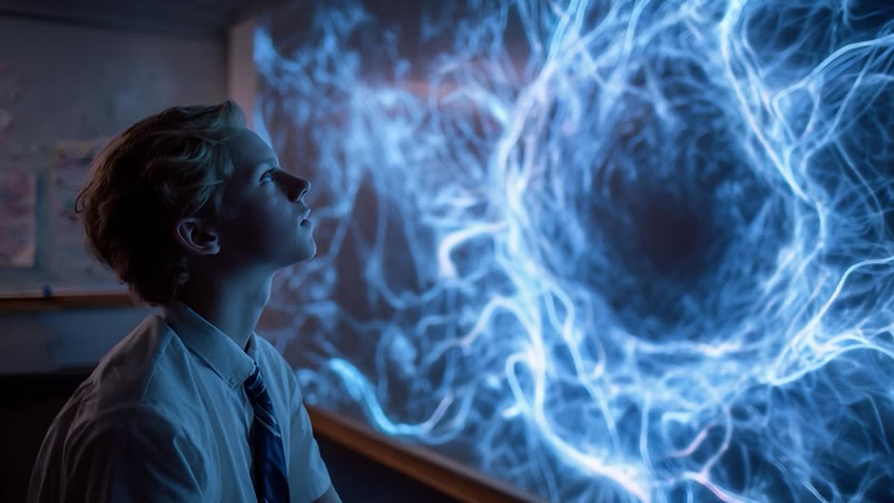 Ragazzino ipnotizzato da un vortice di energia blu in classe