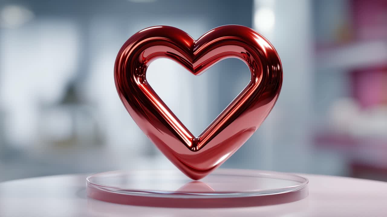 Cuore rosso lucido fluttua su una base trasparente. La luce soffusa ne evidenzia le curve morbide. Lo sfondo sfocato aggiunge una delicata profondità. Simbolo d'amore o passione in un'ambientazione minimalista. Ideale per occasioni romantiche, celebrative.