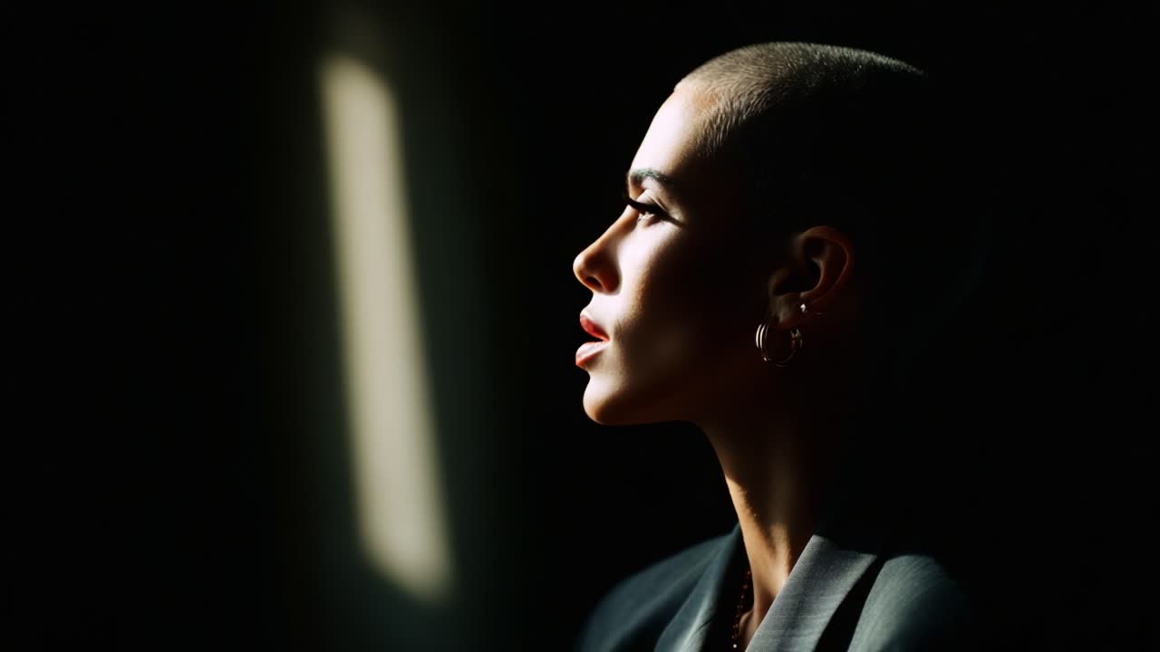 A contemplative moment captured in stark illumination, showcasing a woman with a shaved head, embodying reflection and tranquility against a backdrop of dramatic shadows and light