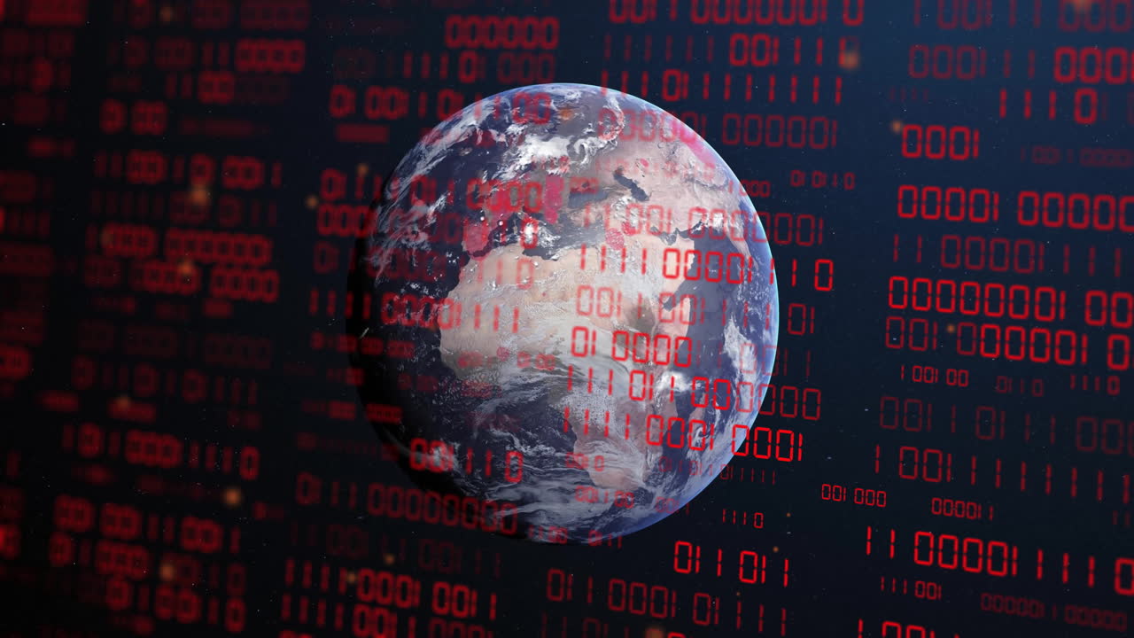 Animation of globe with binary coding and data processing over dark background