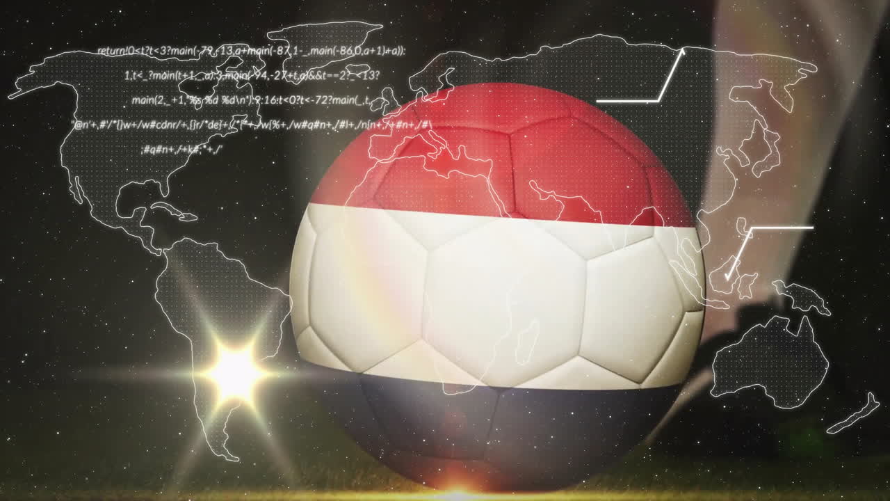 Soccer ball with Netherlands flag over world map and data processing animation