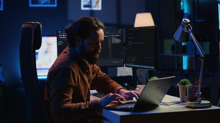 Computer scientist putting headphones on while developing code on PC