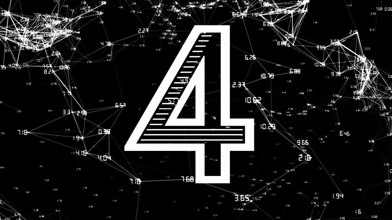 네트워크 연결과 데이터 포인트를 가진 숫자, 검은색 배경의 애니메이션