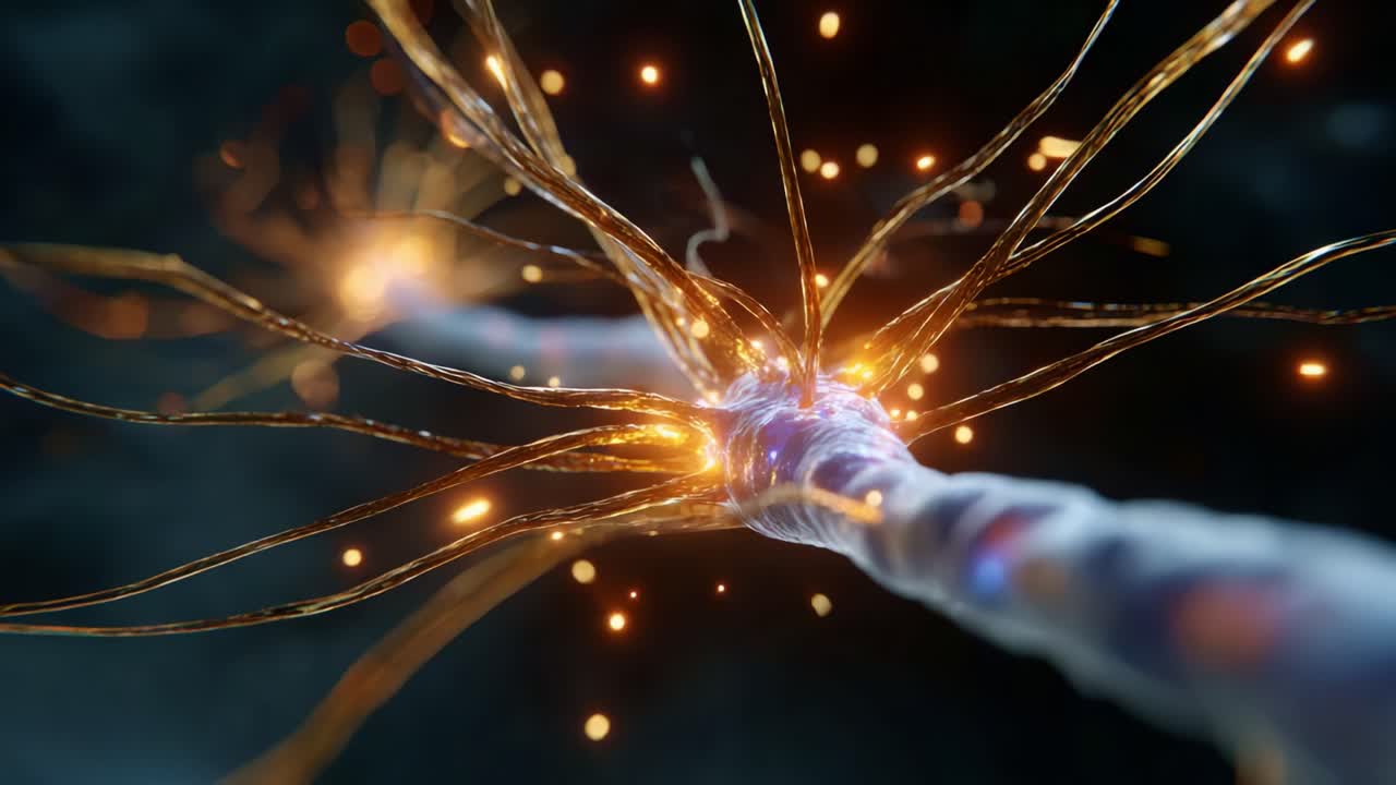 Splendido primo piano di un neurone con sinapsi luminose e segnali elettrici che illustrano la complessa connettività cerebrale e la comunicazione interneuronale