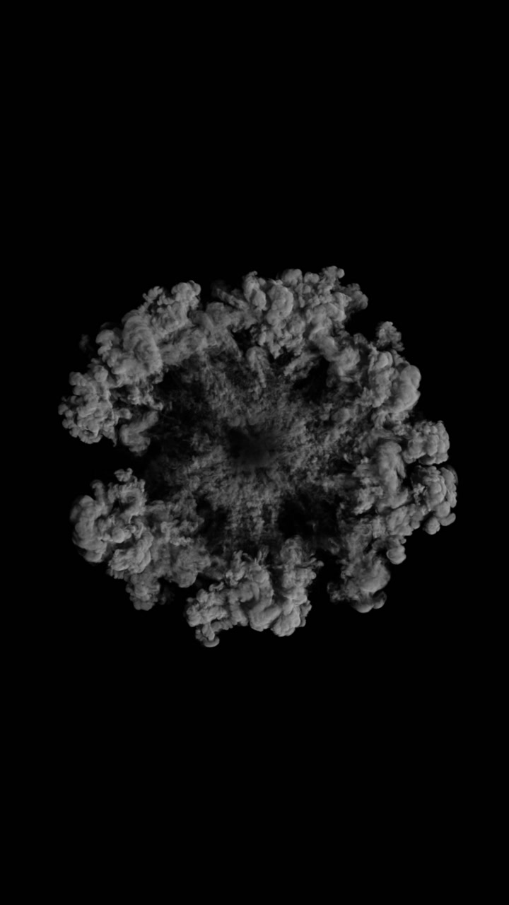 Vertical format animation of a dense white smoke shockwave explosion seen from above, expanding and dissipating on a black background
