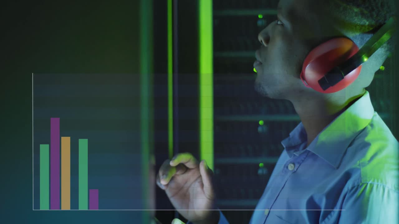 Animation of graphs and data over african american man in server room