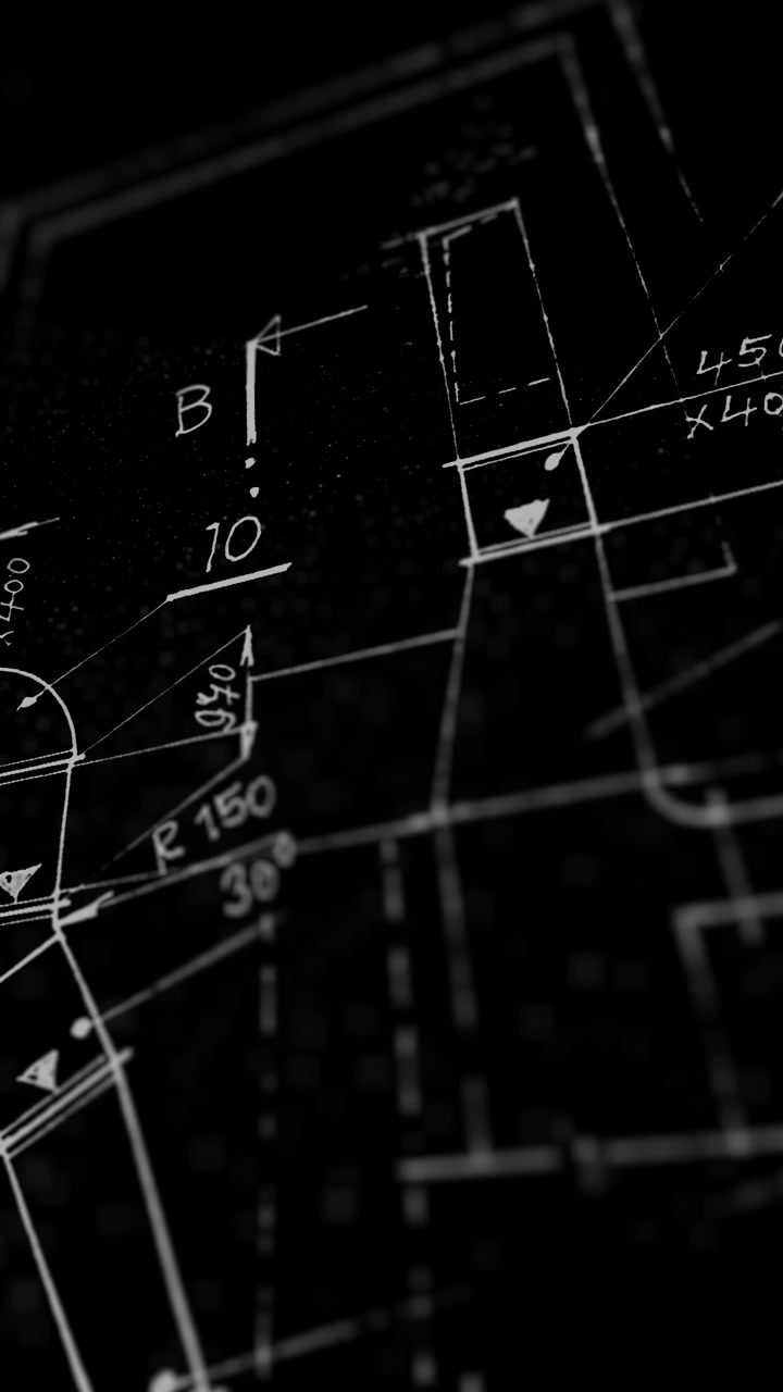 Un display stilizzato scorre su un disegno architettonico con misurazioni geometriche e progetti meccanici. Ottimo per il design industriale, la tecnologia delle costruzioni e l'ingegneria aziendale.