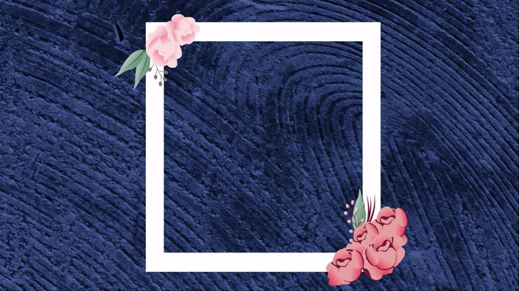 Animation of white frame with pink flowers and copy space over blue patterned background