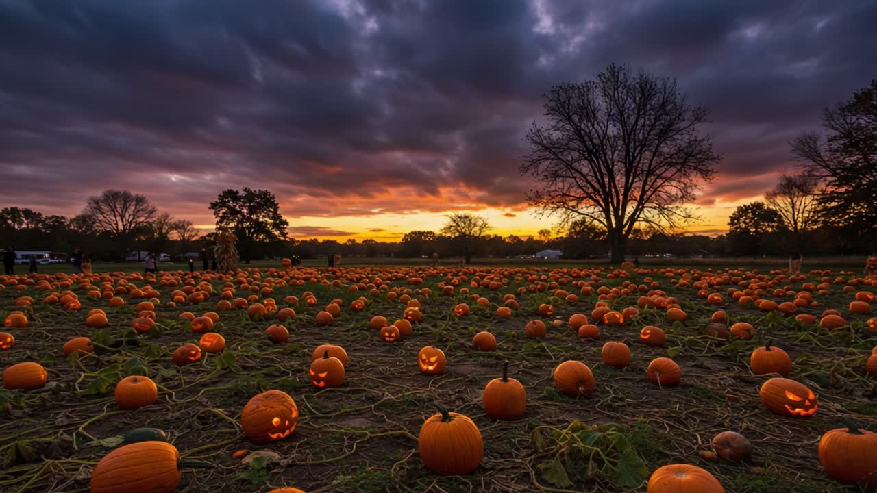 A Scenic Autumn Evening in a Pumpkin Field with Illuminated Jack-o'-Lanterns Against a Dramatic Sky at Sunset
