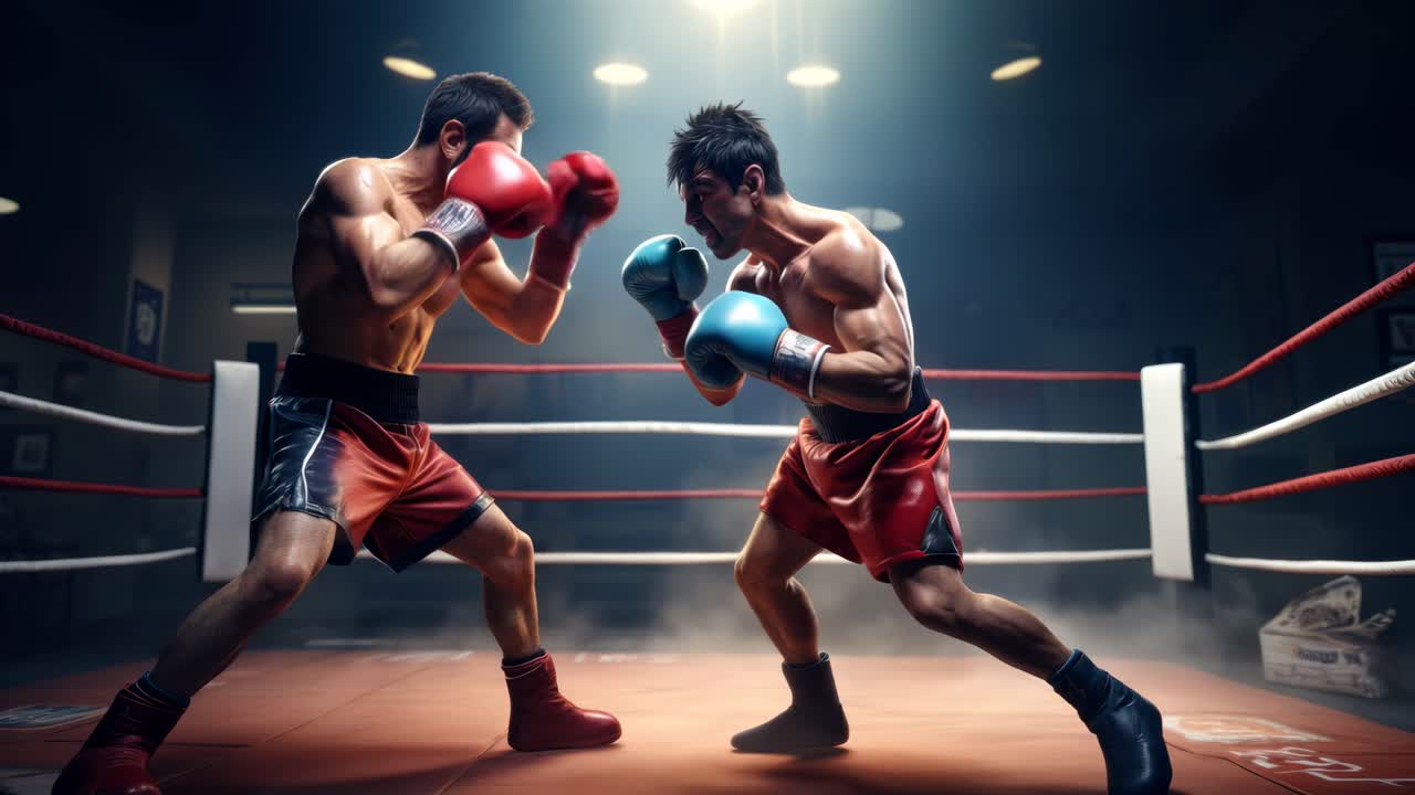 Dynamic video scene of two boxers in action, captured from a low angle in a dimly lit ring