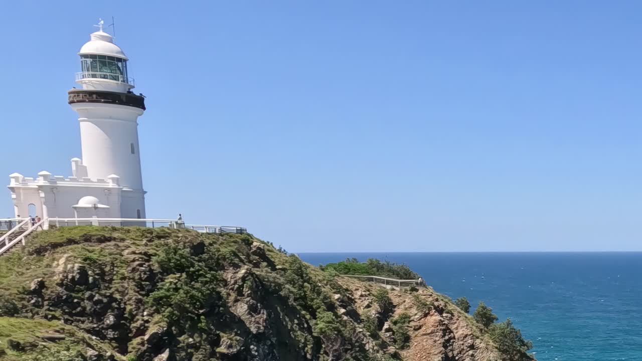 A white lighthouse stands prominently on a rocky cliff overlooking the vast blue ocean under a clear sky.