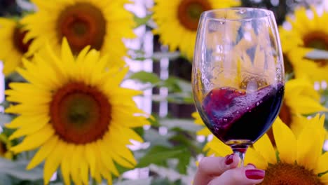 manos de mujer girando vino tinto en un vaso, girasoles en el fondo