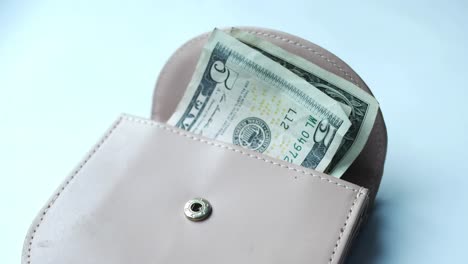 us dollar cash in leather on pink background