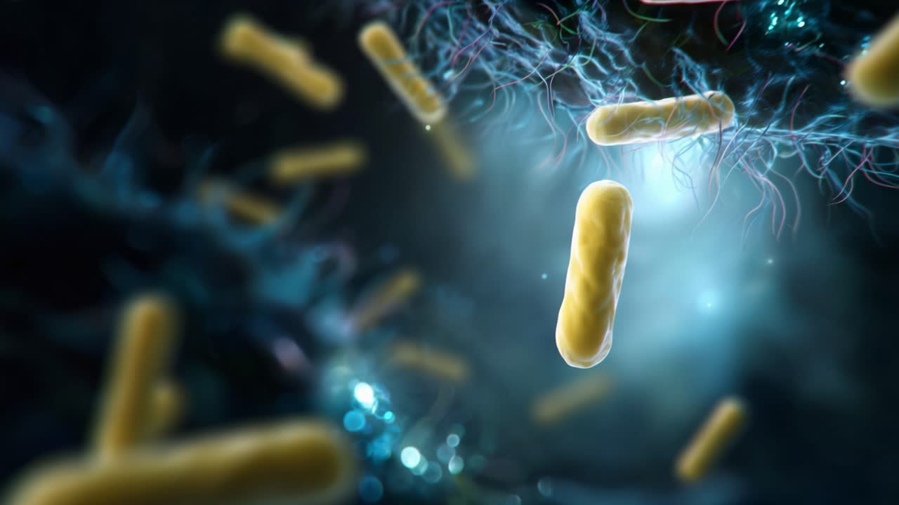 Microscopic View of Bacteria: An Exploration into the World of Microorganisms Captured in Dynamic Motion and Colorful Environmental Context