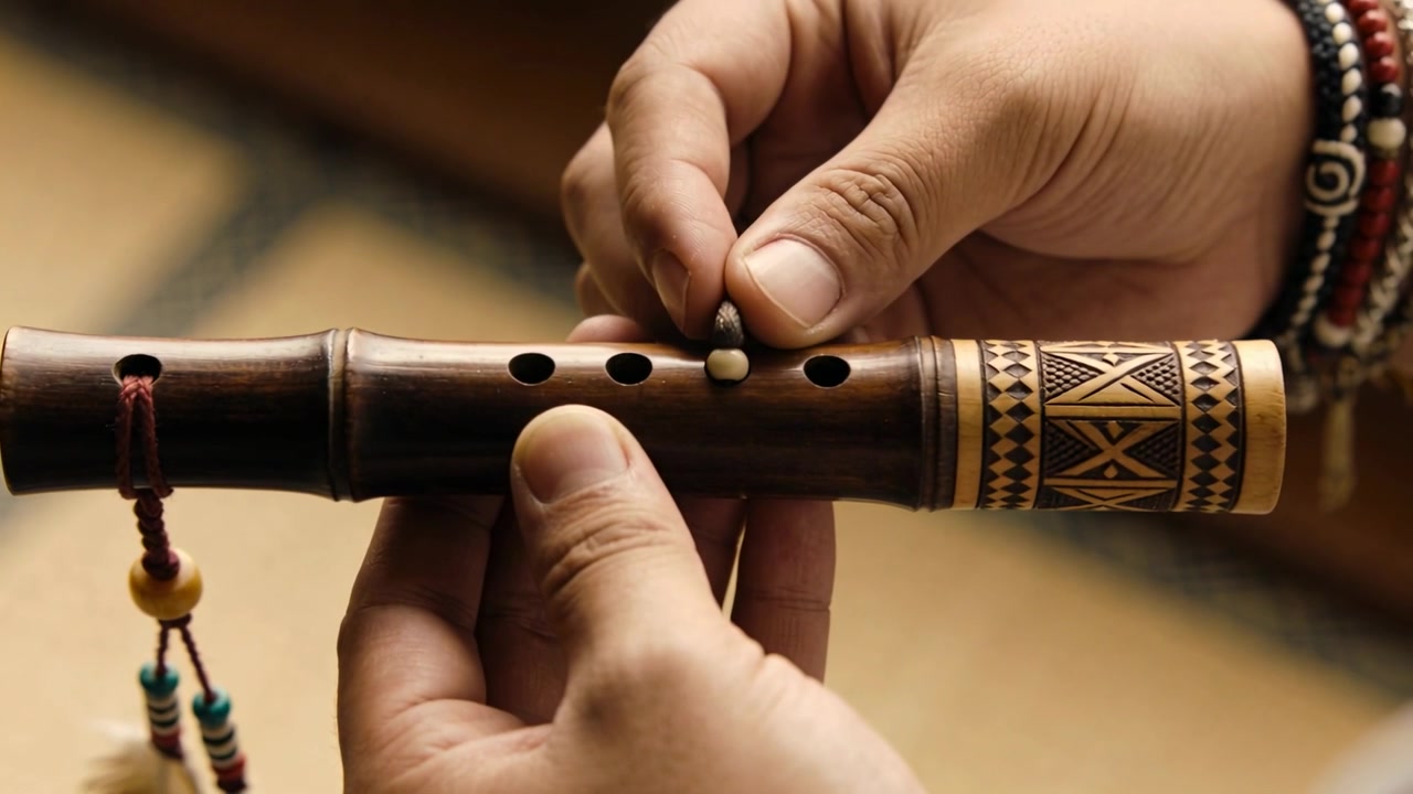 Abbassando la mano destra, guidando una perla nel foro di un flauto di legno in studio, montando una nappa, con braccialetti visibili.