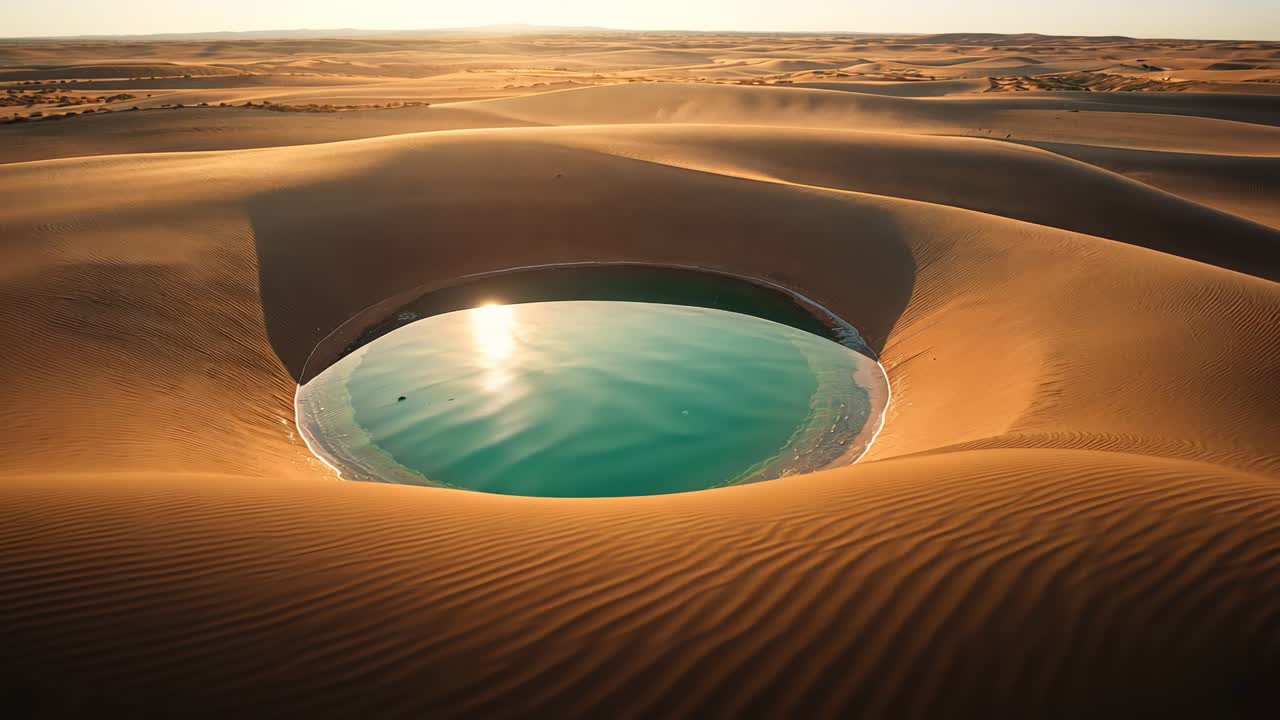 Drone descending filming teal pool in dunes, sandy rim, sun glint, dark spots revealing texture