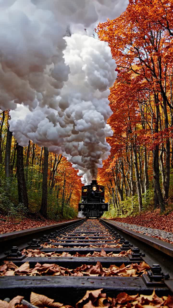 Low-angle video frame of a steam train on tracks, surrounded by vibrant autumn trees