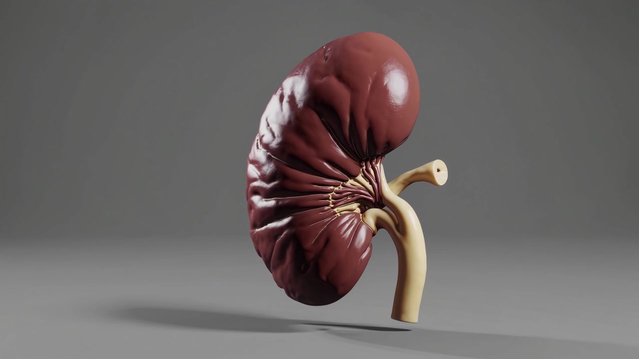 3D Animation of Human Kidney Rotating on Grey Background