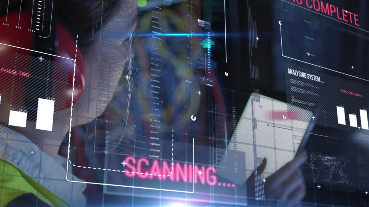 컴퓨터 서버에 의해 태블릿으로 코카시안 여성 it 엔지니어에 대한 데이터 처리 애니메이션