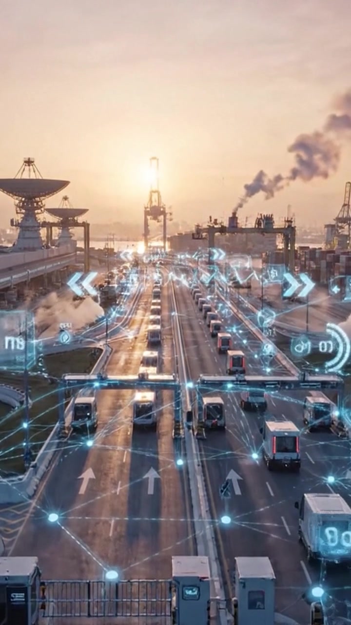 Alba su un trafficato porto merci: lavoratori con giubbotti di sicurezza che osservano camion e l'integrazione tecnologica con reti di comunicazione e attività industriale.