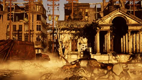 a-dystopian-destroyed-ruined-city-and-monument-on-sunset,-with-debris,-damaged-cars,-smoke-and-fire,-3D-animation,-animated-scene,-camera-dollyright-slowly