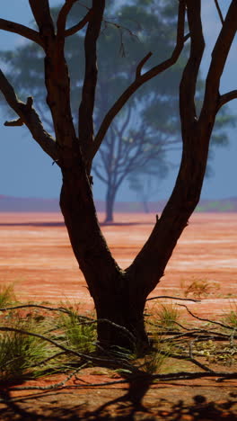 a lone tree stands tall in a dry, red desert