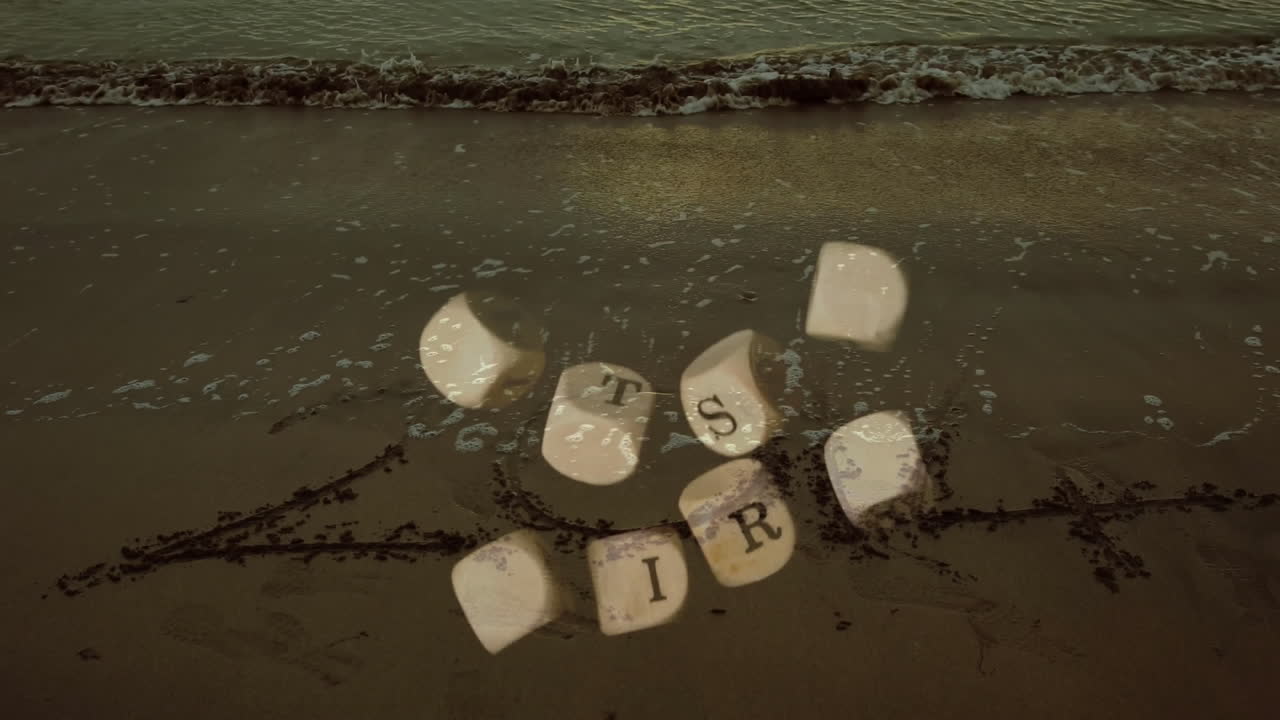 Floating lettered dice animation over sandy beach with gentle ocean waves