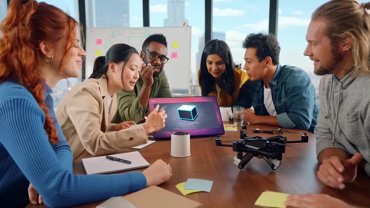 Diverse Creative Team Collaborating on Tech Project in Modern Office