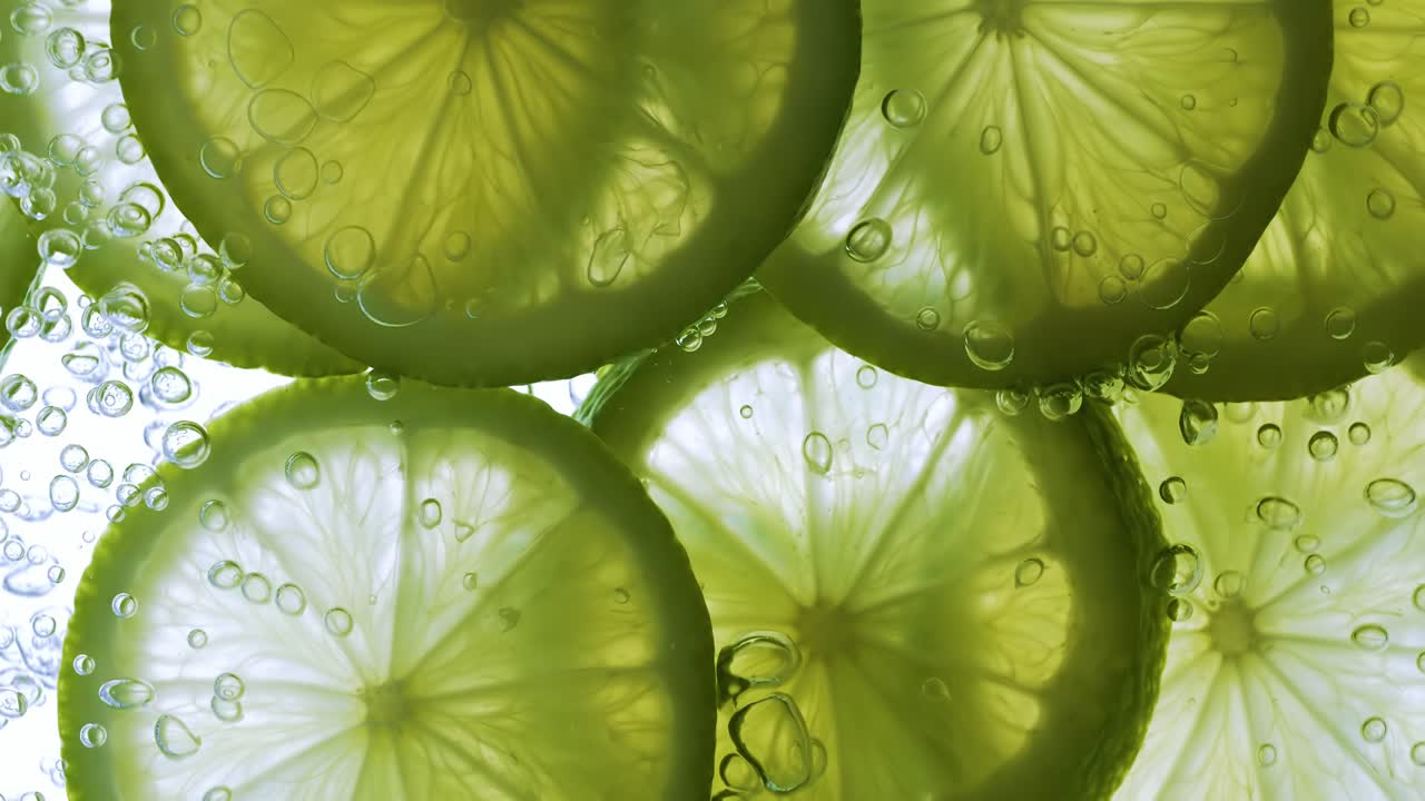 Fette di lime che cadono in profondità nell'acqua. Riprese con telecamera super slow motion a 1000 fps