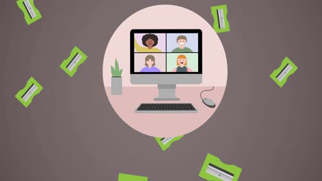 animación de la caída de los afiladores de lápiz verdes y la pantalla de videollamada de la computadora en círculo rosa, en marrón
