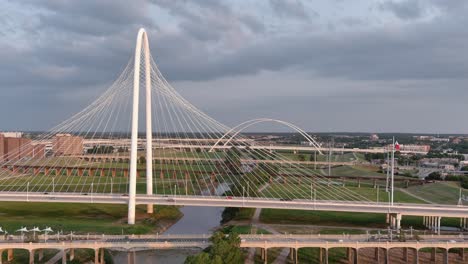 drone view of the margaret hunt hill bridge in dallas, texas