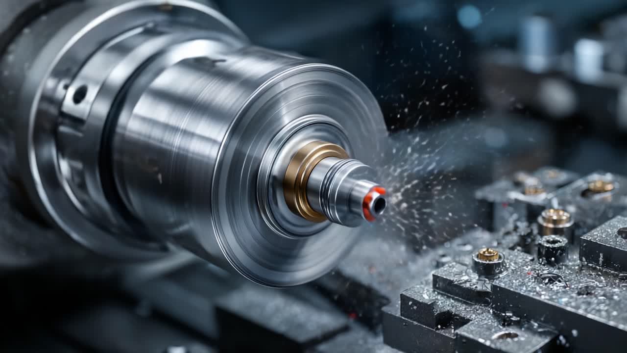 Precision Machining Process in Action: A Close-Up of a Rotating Metal Component Being Shaped with High-Speed Lathe Techniques and Fluid Dynamics