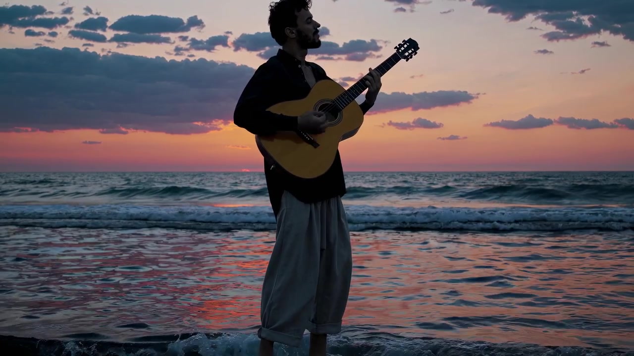 Silhuett av en man som spelar akustisk gitarr på stranden vid solnedgången