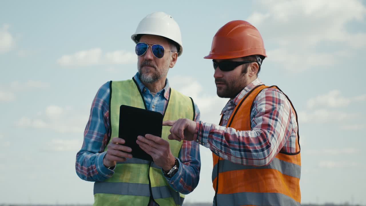 trabajadores de la construcción discutiendo el proyecto en la tableta