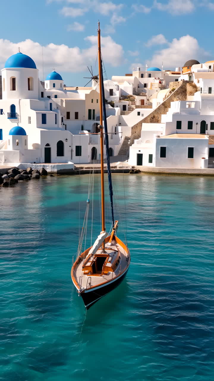 Sailboat in Turquoise Waters with White Greek Village and Blue Domes