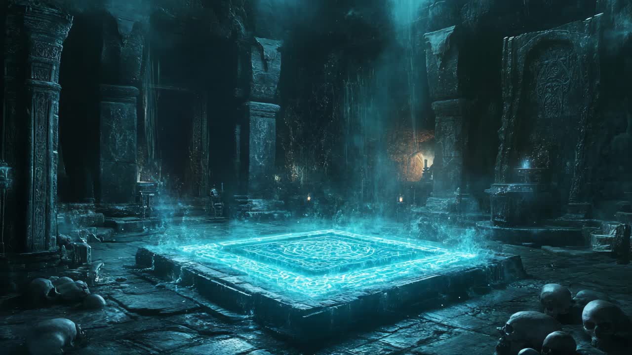 Mystical Ancient Dungeon Chamber with Glowing Platform