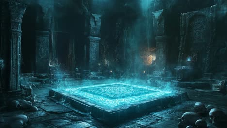 mystical ancient dungeon chamber with glowing platform