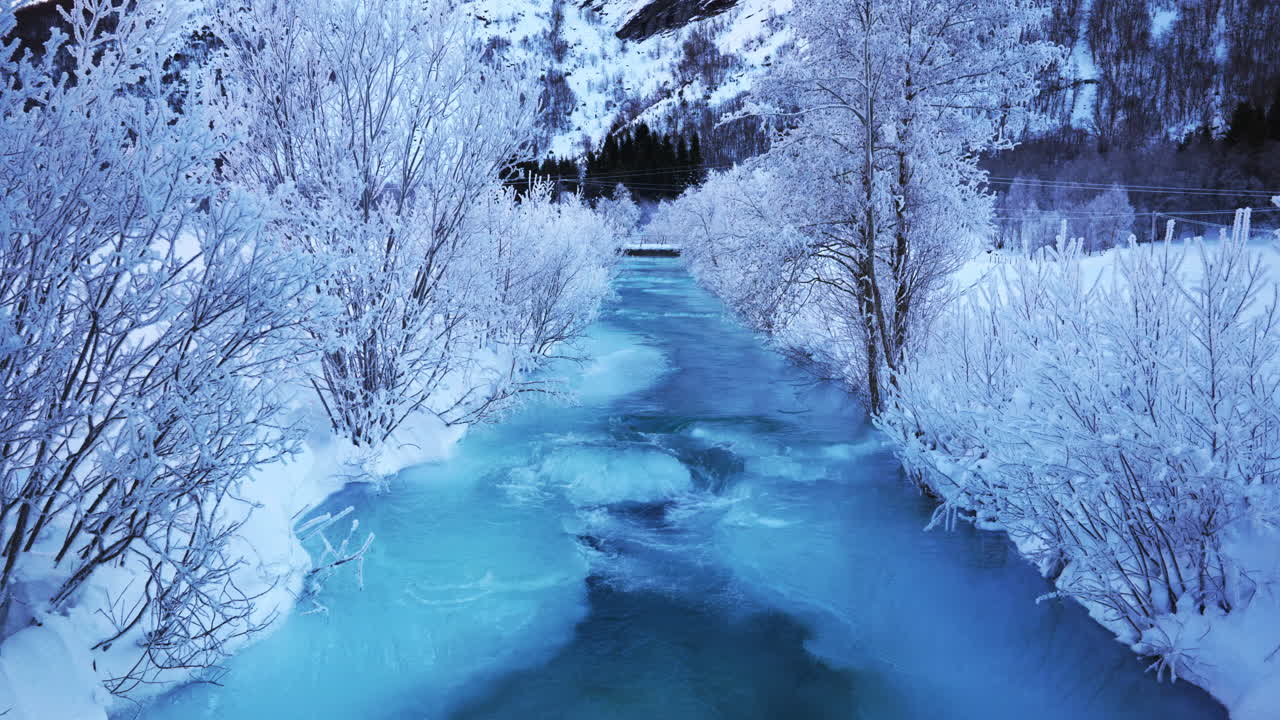 River running down a frozen landscape with the river almost frozen