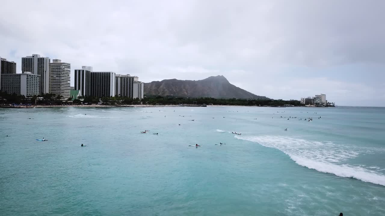 Surfers Surfing in Waikiki Beach for Spring Break in Hawaii, Aerial Drone Shot