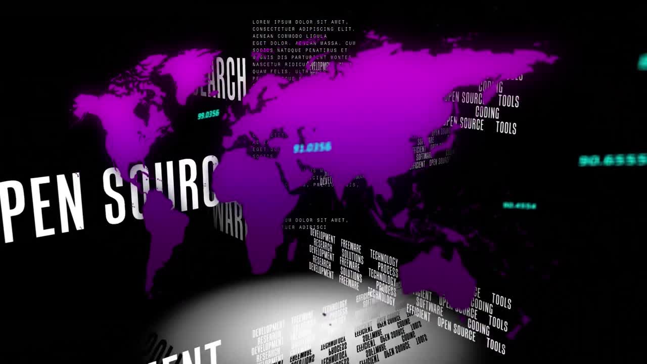 Animation of purple world map and business terms, and data processing on black