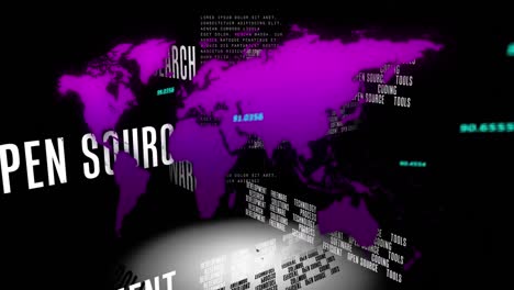 Animation-of-purple-world-map-and-business-terms,-and-data-processing-on-black
