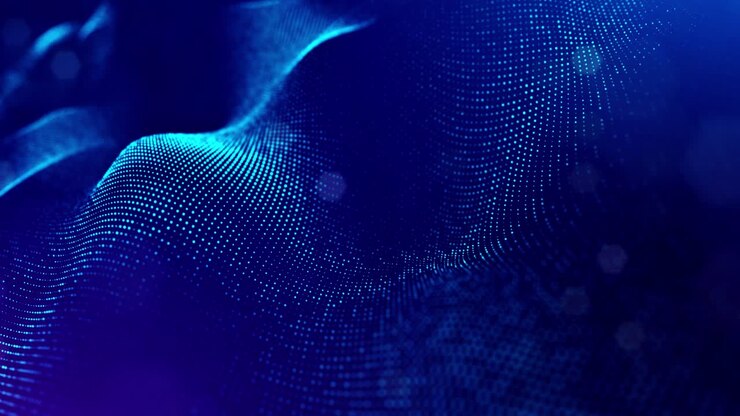 Sfondo 3D in loop, concetto di flusso di dati, spazio digitale sci-fi. Campo blu ad alta tecnologia con particelle luminose che formano linee e onde superficiali. Flusso di informazioni hi-tech, blockchain, visualizzazione di big data. DOF