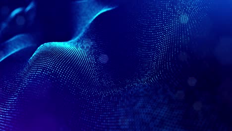 3d en bucle bg concepto de flujo de datos, espacio digital de fondo de ciencia ficción. campo azul de alta tecnología con partículas de brillo forman líneas y ondas de superficie. flujo de información de alta tecnología, blockchain, visualización de bigdata. dof